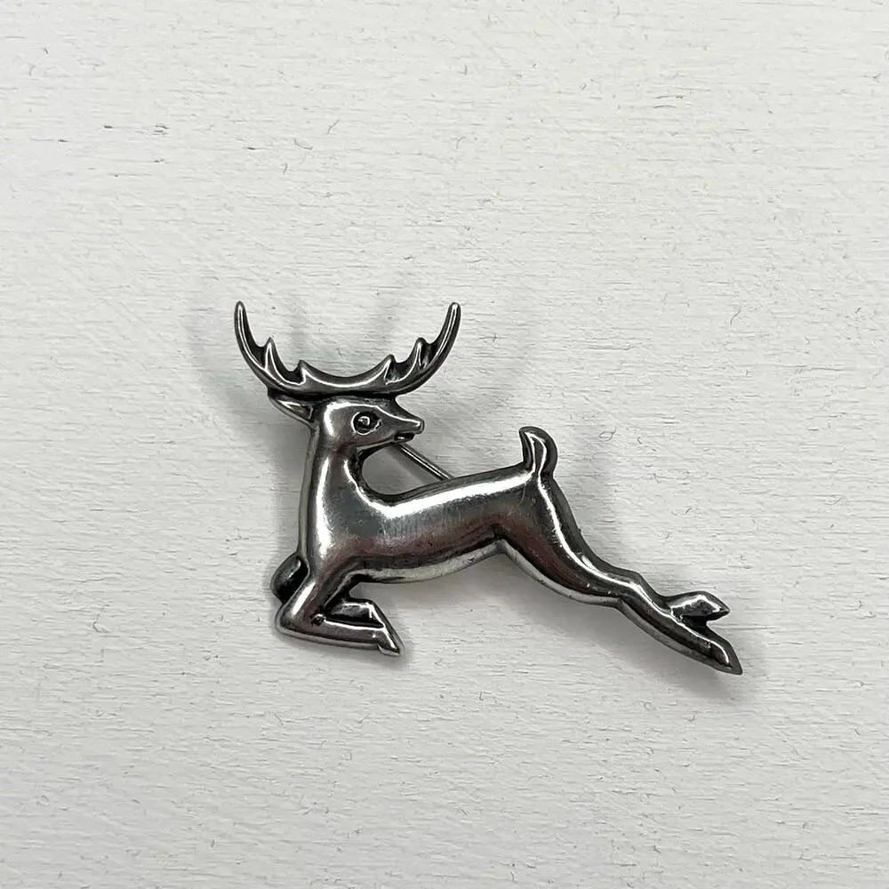 Vintage Mid Century Mexico 925 Sterling Silver Leaping Deer Stag Brooch Pin